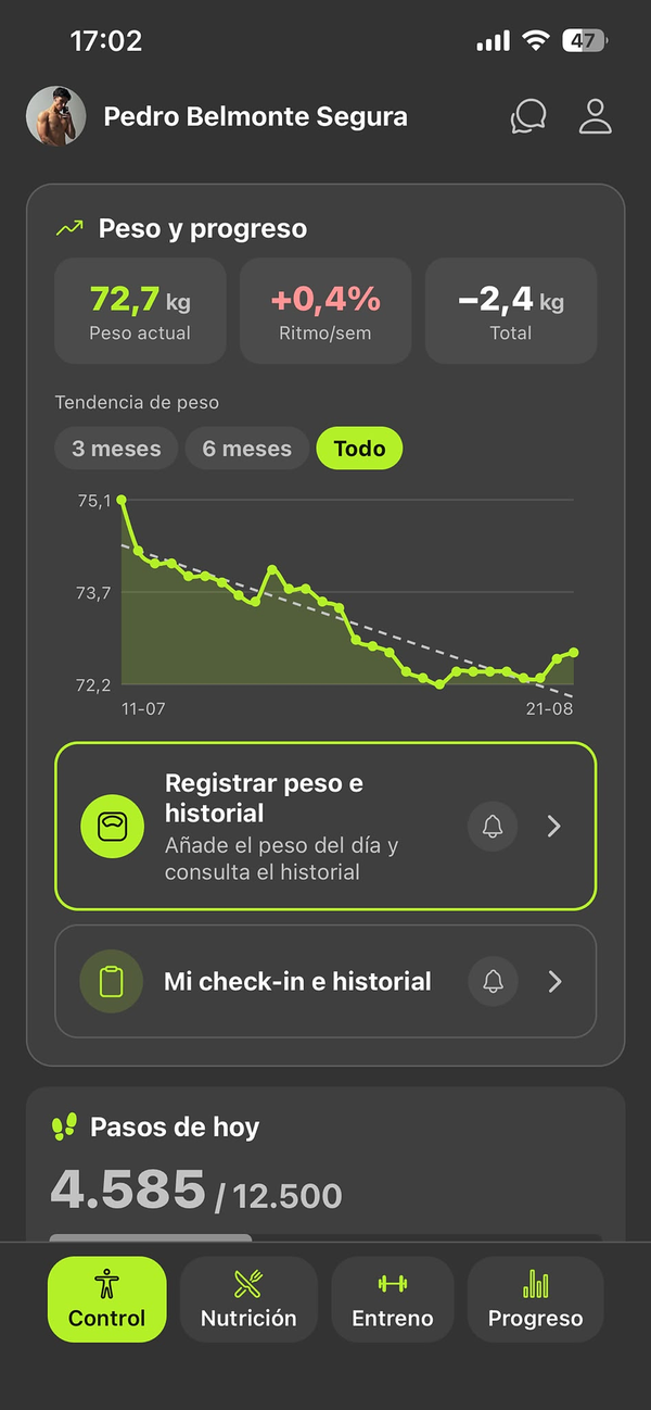 Pantalla de control de PB Athlete con peso, tendencia y pasos